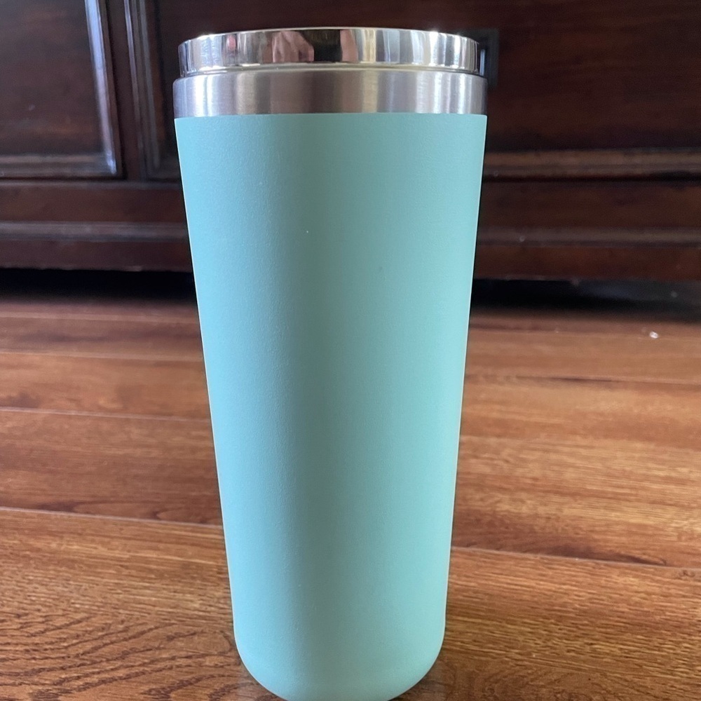 Teal stainless steel tumbler with straw top